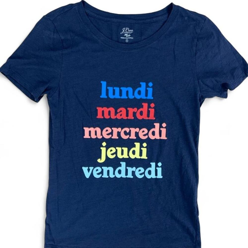 J.Crew navy French days of the week, blue graphic tee, size Small